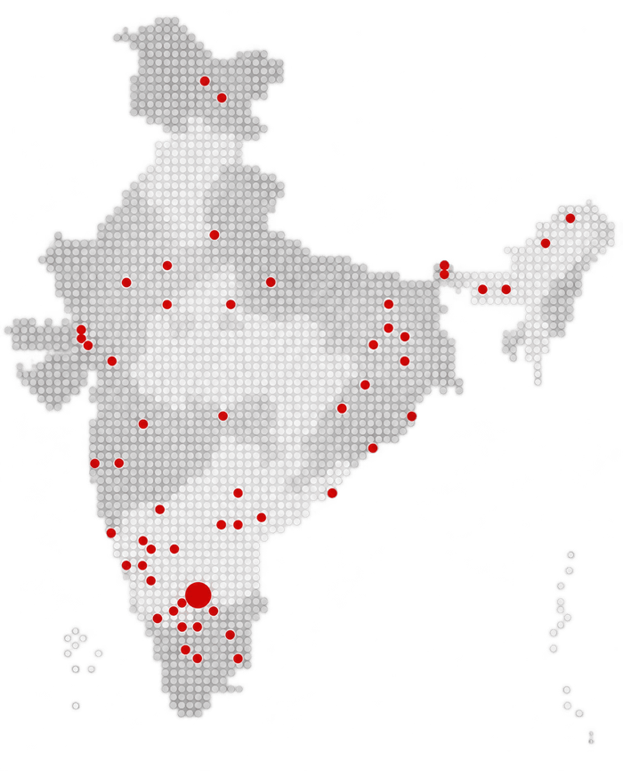 A dotted map of India marking the studio’s project sites across the country, concentrated in the south.